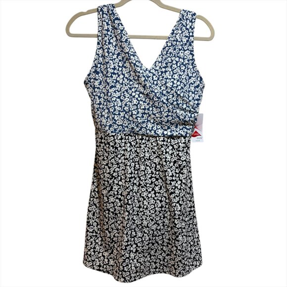 Lands End Blue Black Two Tone Floral One Piece Swim Dress Surplice V Neck Modest - Picture 1 of 14